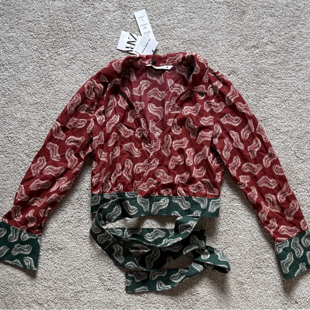 Zara Burgundy and Forest Green Patterned Blouse
